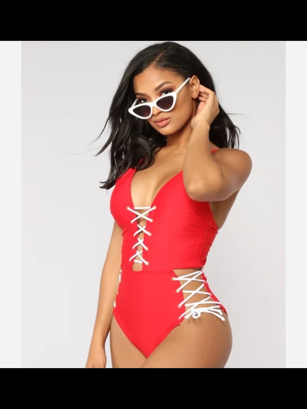 Lira Red One-Piece Bodysuit with White Lace-Up Detail